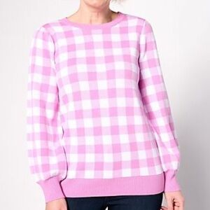Susan Graver Balloon Sleeve Gingham Print Sweater